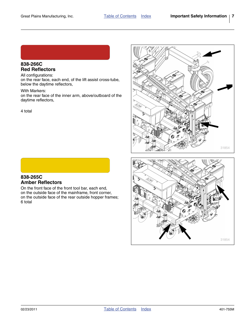 266c red reflectors, 265c amber reflectors | Great Plains YP925TD Operator Manual User Manual | Page 11 / 134
