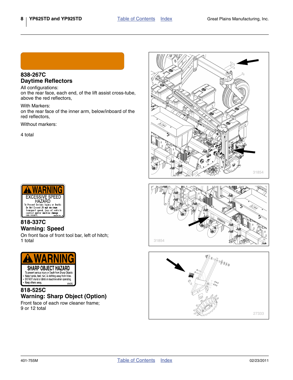 267c daytime reflectors, 337c warning: speed, 525c warning: sharp object (option) | Great Plains YP925TD Operator Manual User Manual | Page 12 / 134