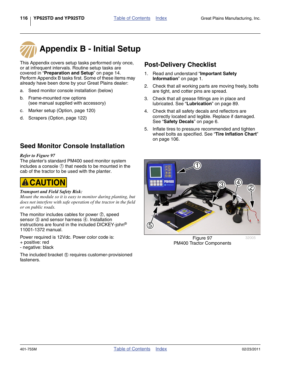 Appendix b - initial setup, Post-delivery checklist, Seed monitor console installation | Great Plains YP925TD Operator Manual User Manual | Page 120 / 134