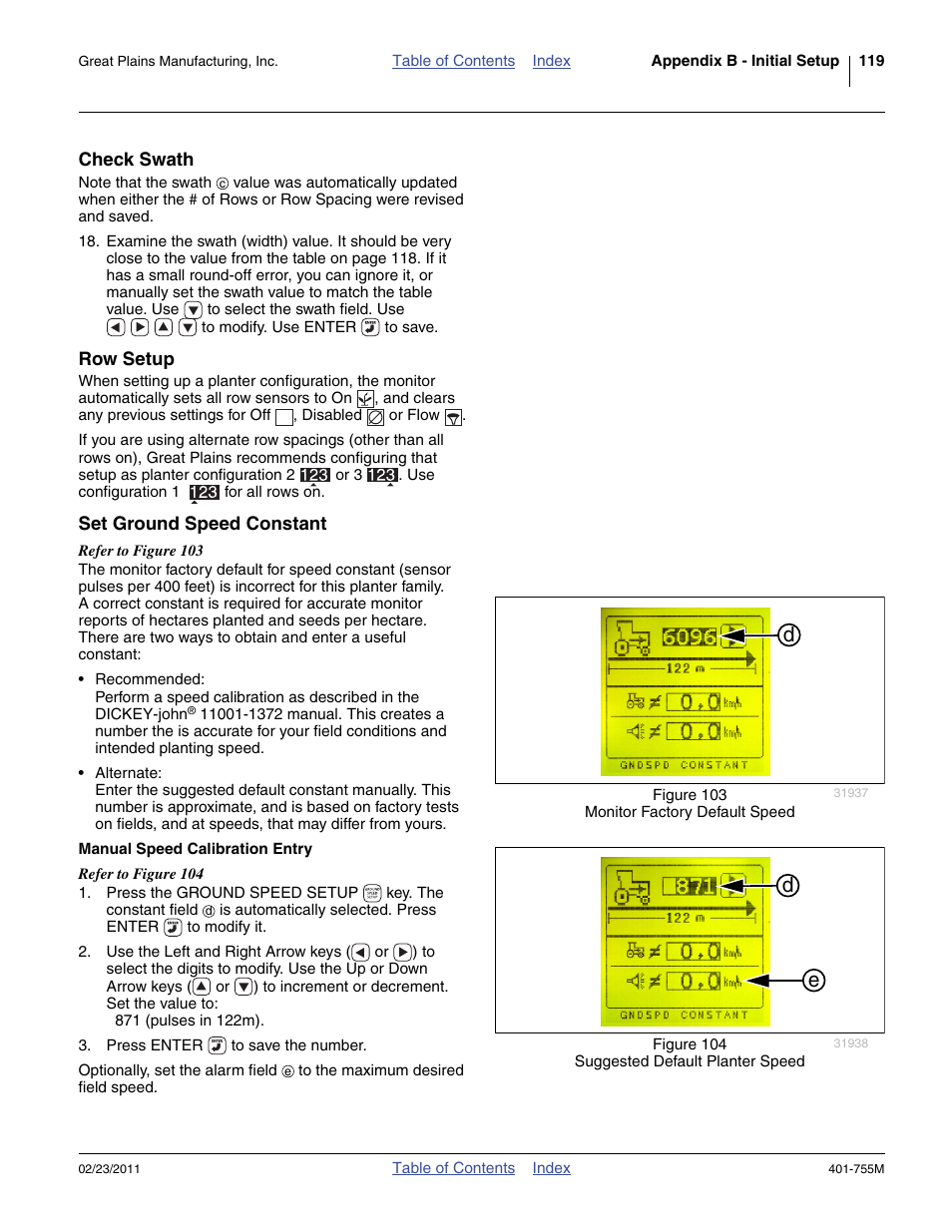 Check swath, Row setup, Set ground speed constant | Manual speed calibration entry, Check swath row setup set ground speed constant | Great Plains YP925TD Operator Manual User Manual | Page 123 / 134