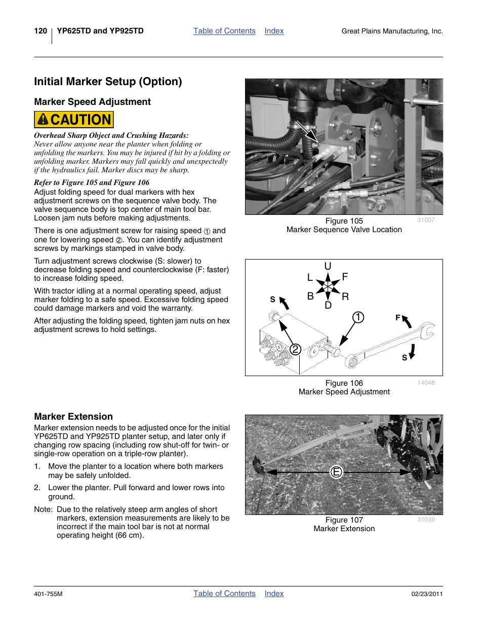 Initial marker setup (option), Marker speed adjustment, Marker extension | Marker speed adjustment marker extension | Great Plains YP925TD Operator Manual User Manual | Page 124 / 134