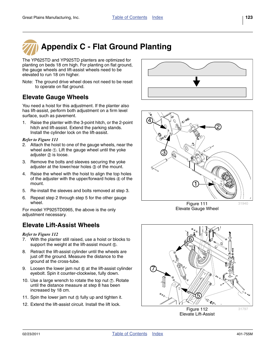 Appendix c - flat ground planting, Elevate gauge wheels, Elevate lift-assist wheels | Great Plains YP925TD Operator Manual User Manual | Page 127 / 134