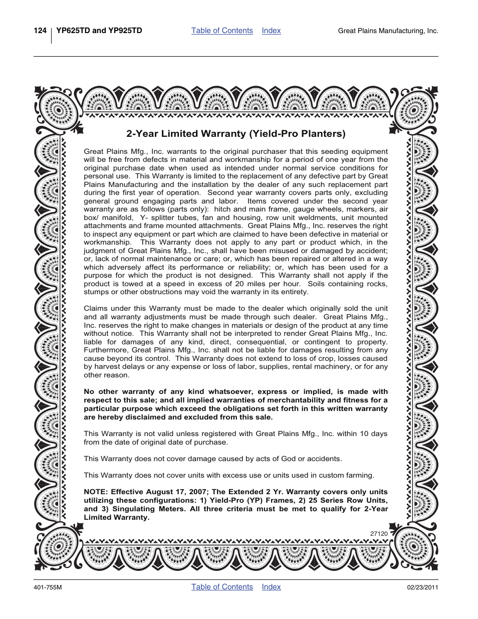 Warranty, Year limited warranty (yield-pro planters) | Great Plains YP925TD Operator Manual User Manual | Page 128 / 134