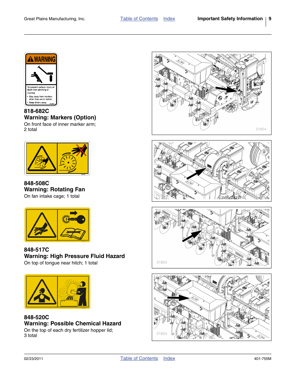 682c warning: markers (option), 508c warning: rotating fan, 517c warning: high pressure fluid hazard | 520c warning: possible chemical hazard | Great Plains YP925TD Operator Manual User Manual | Page 13 / 134