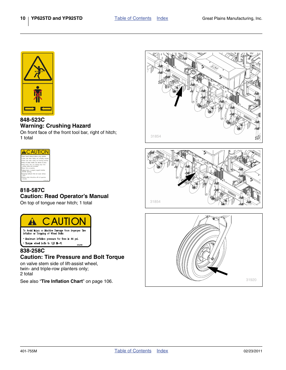 523c warning: crushing hazard, 587c caution: read operator’s manual, 258c caution: tire pressure and bolt torque | Great Plains YP925TD Operator Manual User Manual | Page 14 / 134