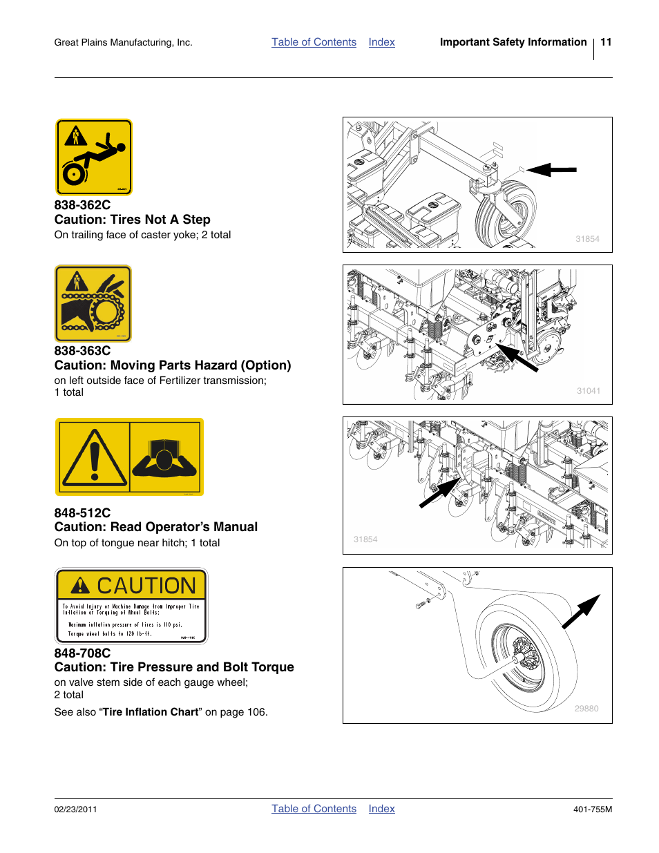 362c caution: tires not a step, 363c caution: moving parts hazard (option), 512c caution: read operator’s manual | 708c caution: tire pressure and bolt torque | Great Plains YP925TD Operator Manual User Manual | Page 15 / 134