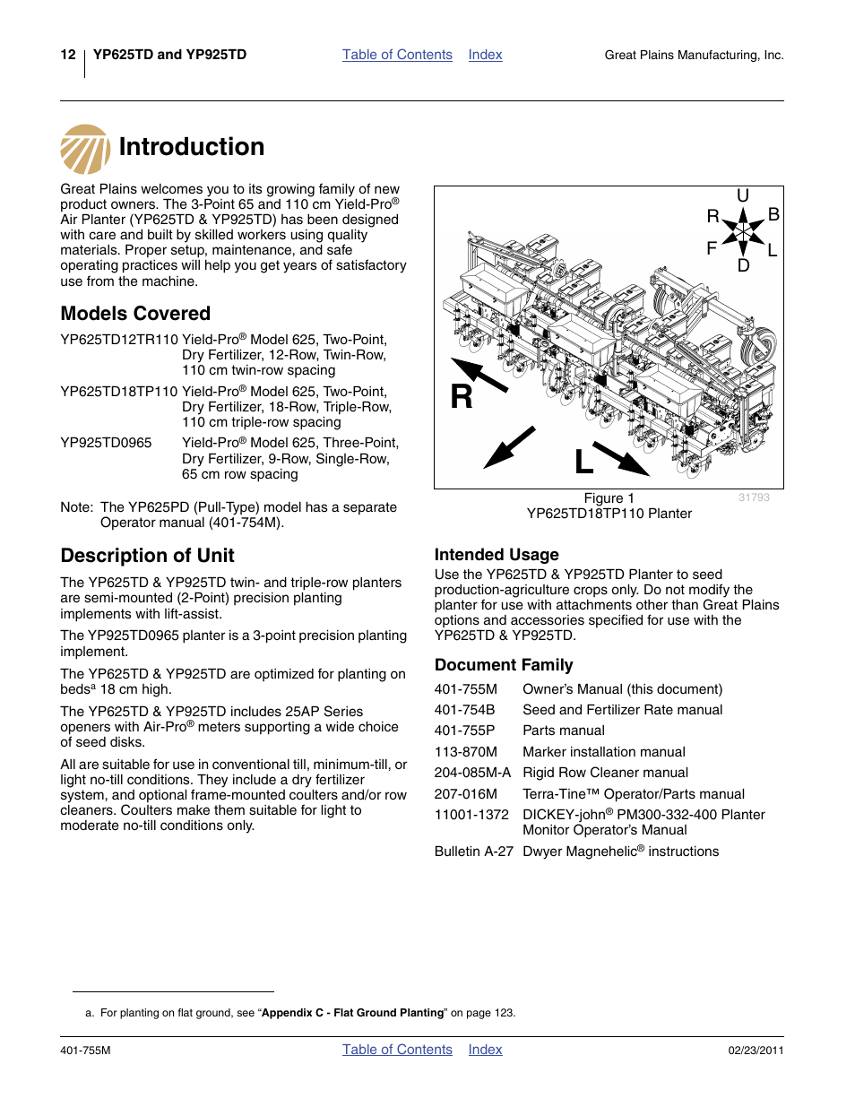 Introduction, Models covered, Description of unit | Intended usage, Document family, Introduction models covered description of unit, Intended usage document family | Great Plains YP925TD Operator Manual User Manual | Page 16 / 134