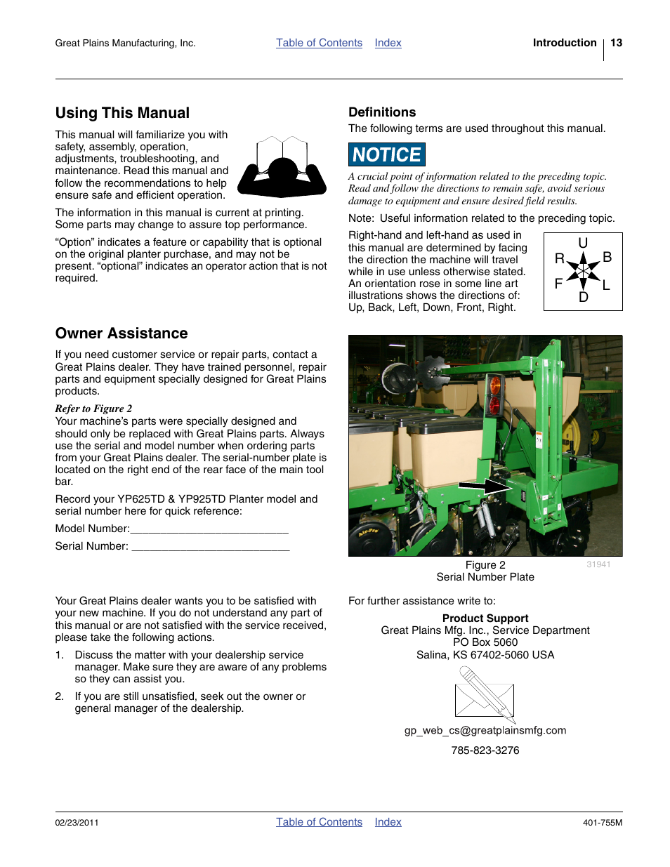 Using this manual, Definitions, Owner assistance | Great Plains YP925TD Operator Manual User Manual | Page 17 / 134