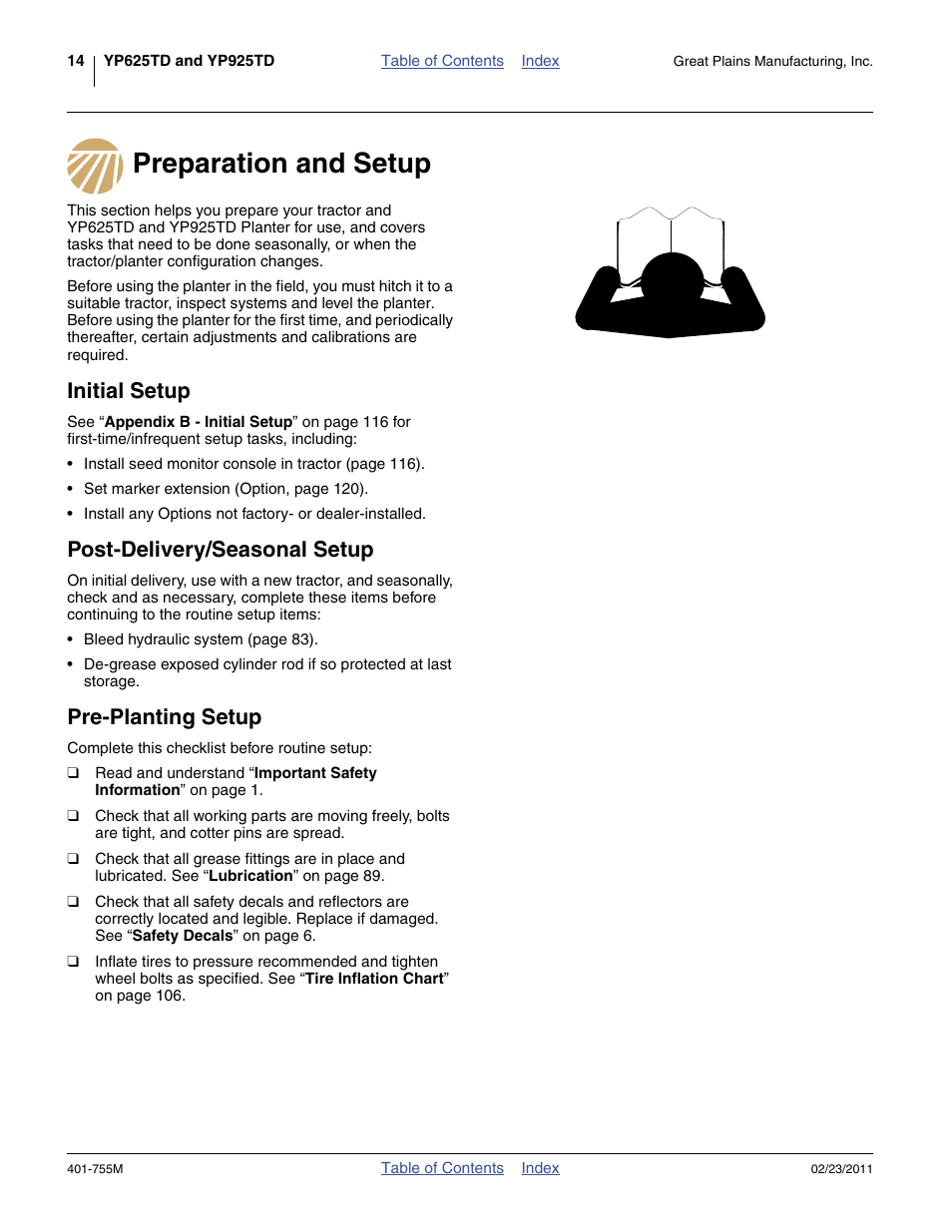 Preparation and setup, Initial setup, Post-delivery/seasonal setup | Pre-planting setup | Great Plains YP925TD Operator Manual User Manual | Page 18 / 134