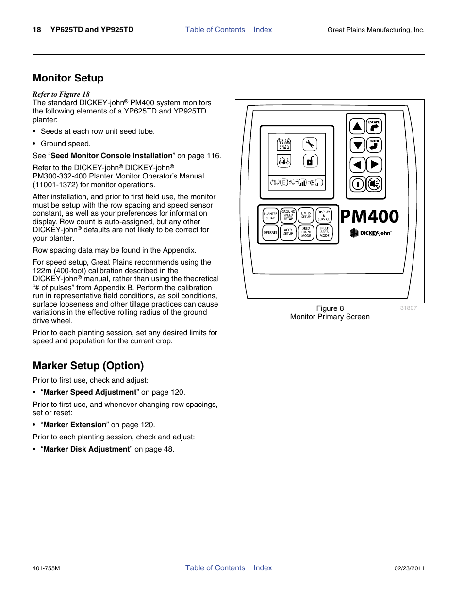 Monitor setup, Marker setup (option), Monitor setup marker setup (option) | Great Plains YP925TD Operator Manual User Manual | Page 22 / 134