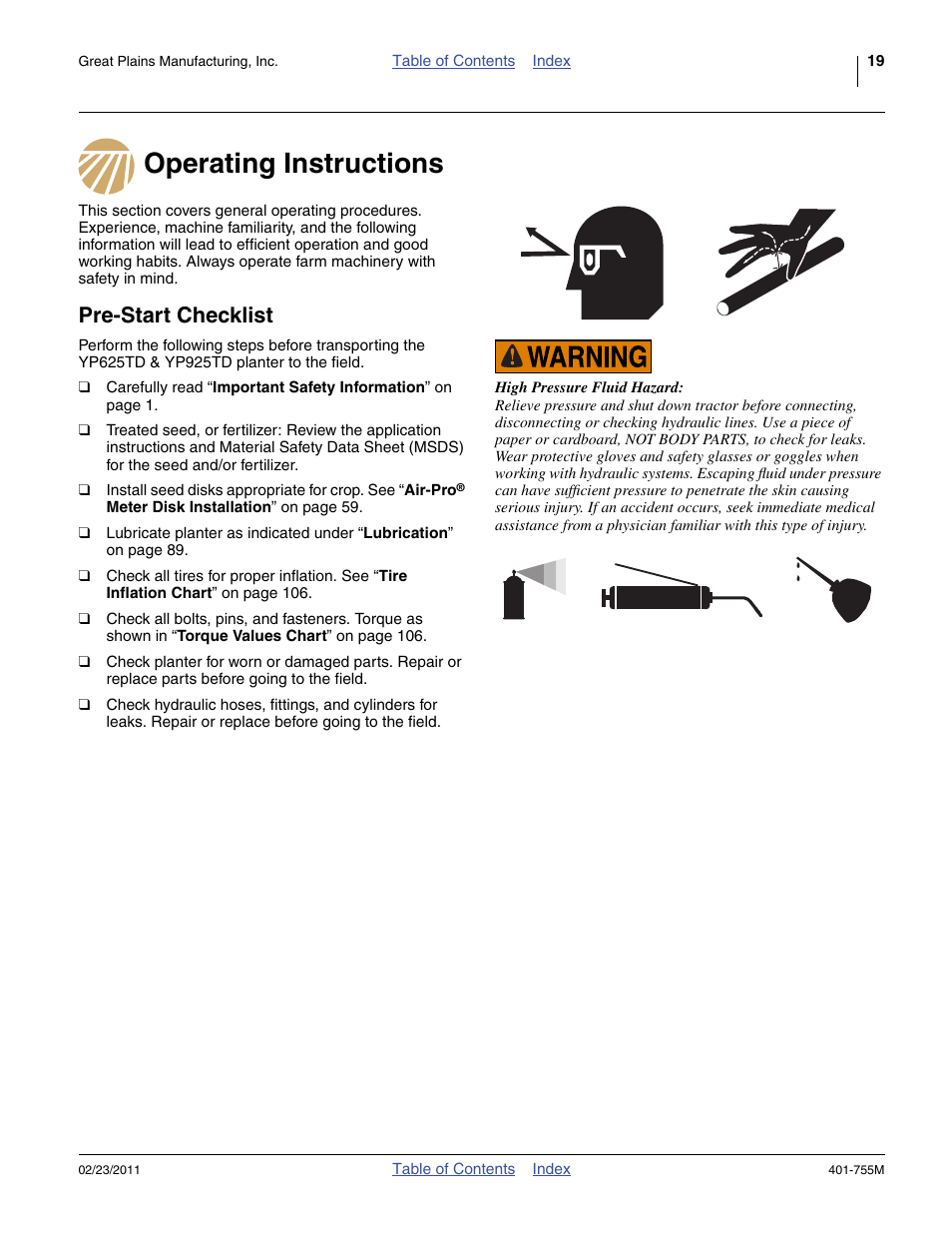 Operating instructions, Pre-start checklist, Operating instructions pre-start checklist | Great Plains YP925TD Operator Manual User Manual | Page 23 / 134