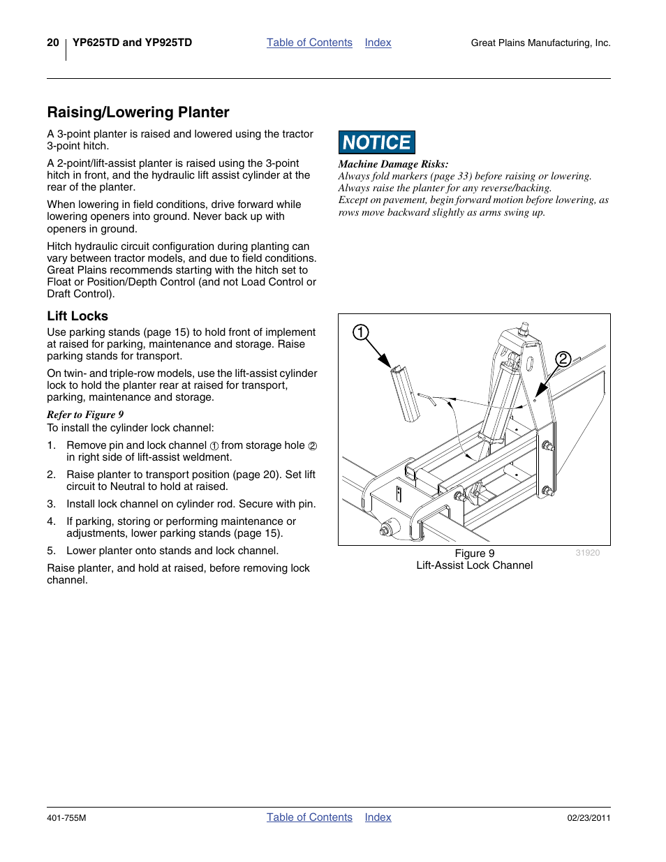 Raising/lowering planter, Lift locks | Great Plains YP925TD Operator Manual User Manual | Page 24 / 134