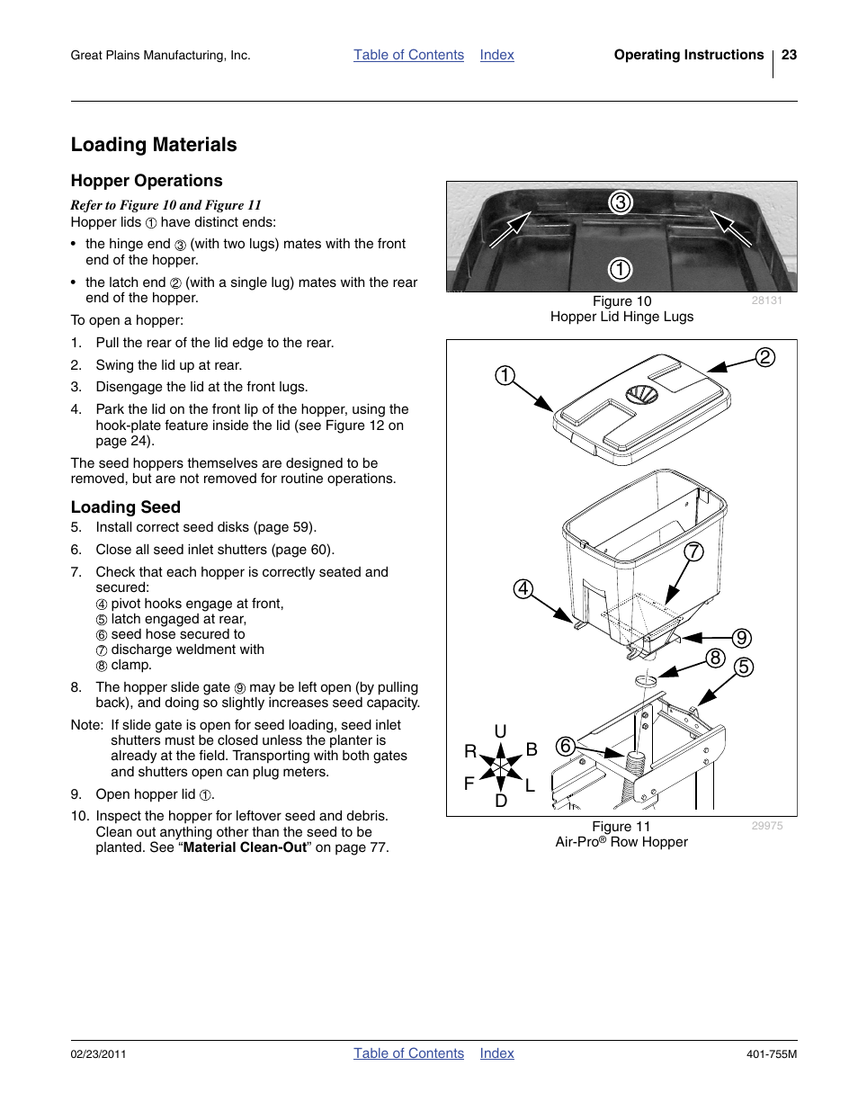 Loading materials, Hopper operations, Loading seed | Hopper operations loading seed | Great Plains YP925TD Operator Manual User Manual | Page 27 / 134