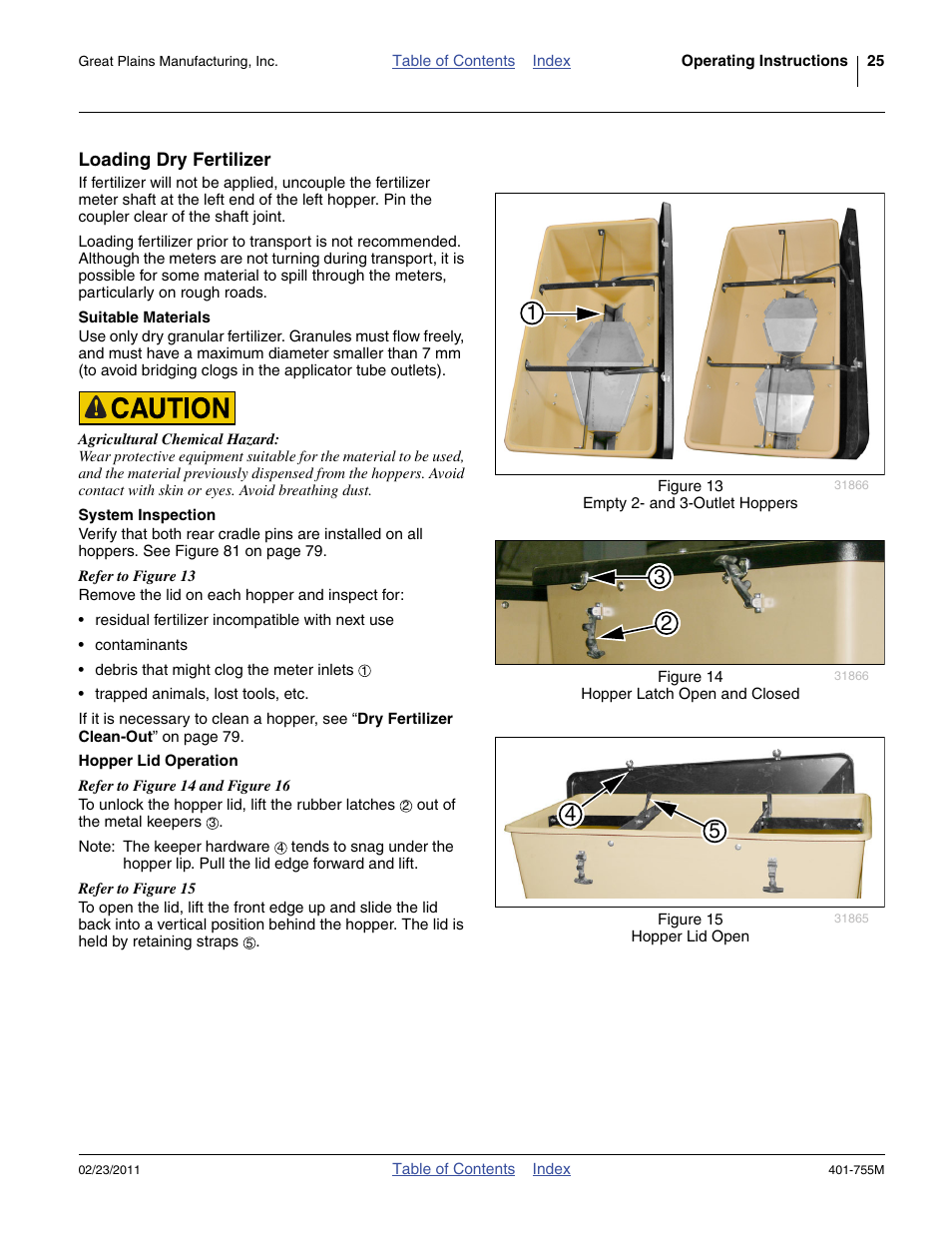 Loading dry fertilizer, Suitable materials, System inspection | Hopper lid operation | Great Plains YP925TD Operator Manual User Manual | Page 29 / 134