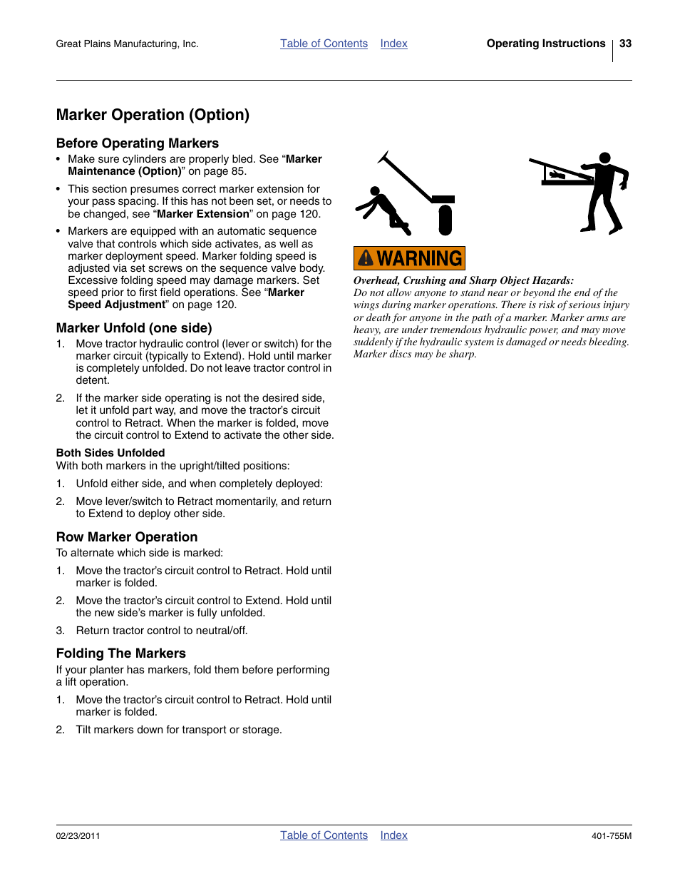 Marker operation (option), Before operating markers, Marker unfold (one side) | Both sides unfolded, Row marker operation, Folding the markers, Row marker operation folding the markers | Great Plains YP925TD Operator Manual User Manual | Page 37 / 134