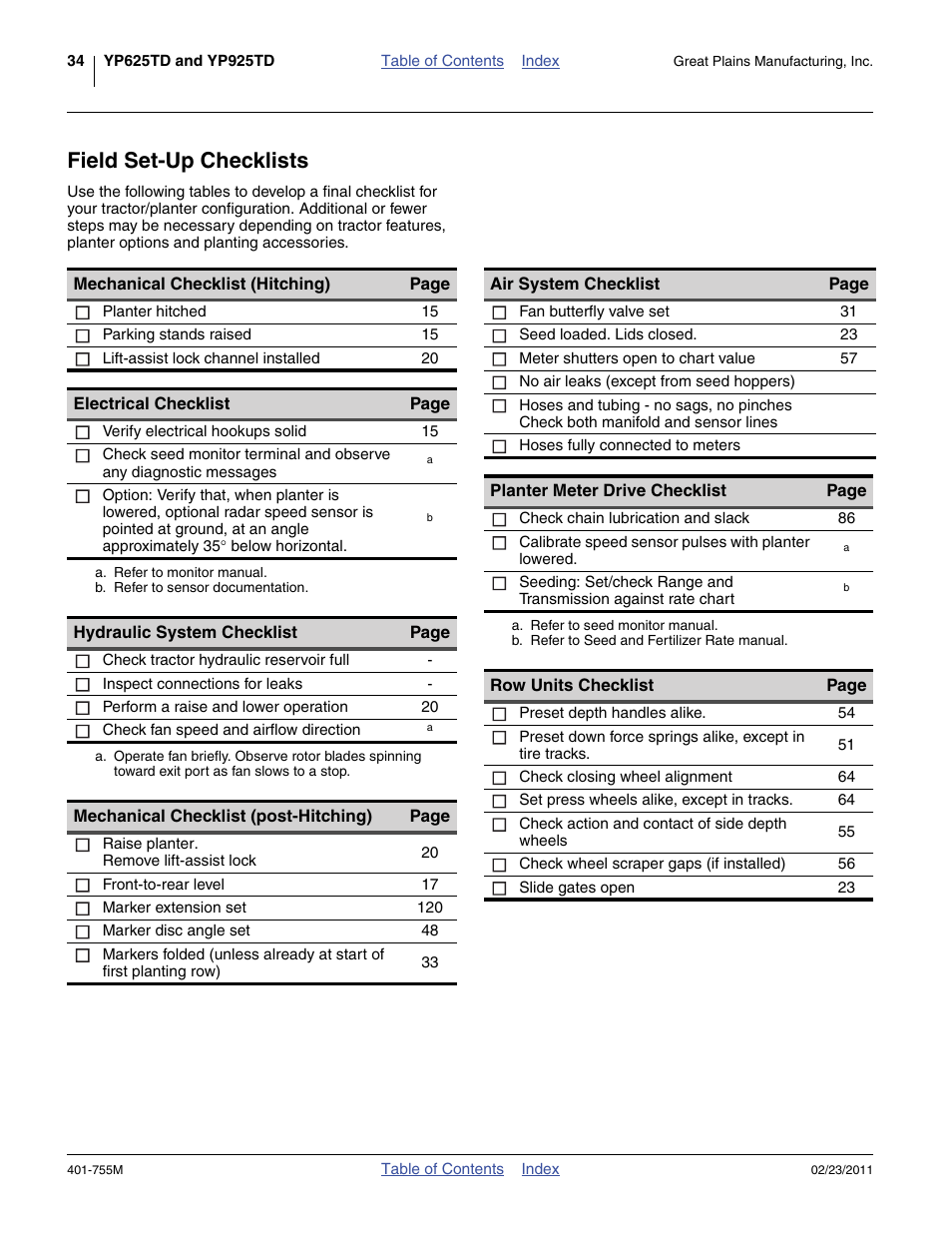 Field set-up checklists | Great Plains YP925TD Operator Manual User Manual | Page 38 / 134