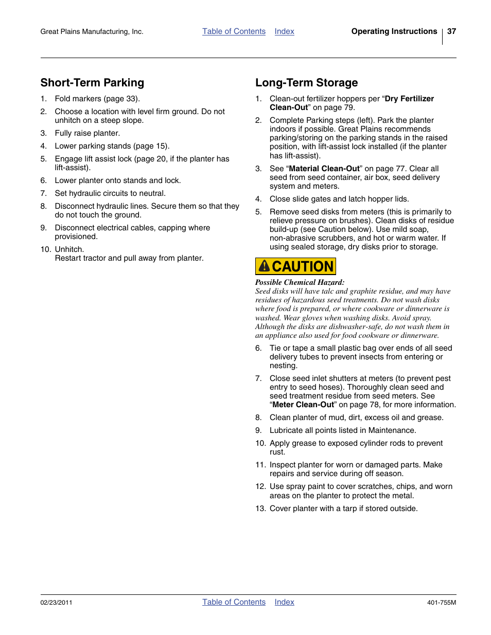 Short-term parking, Long-term storage, Short-term parking long-term storage | Great Plains YP925TD Operator Manual User Manual | Page 41 / 134