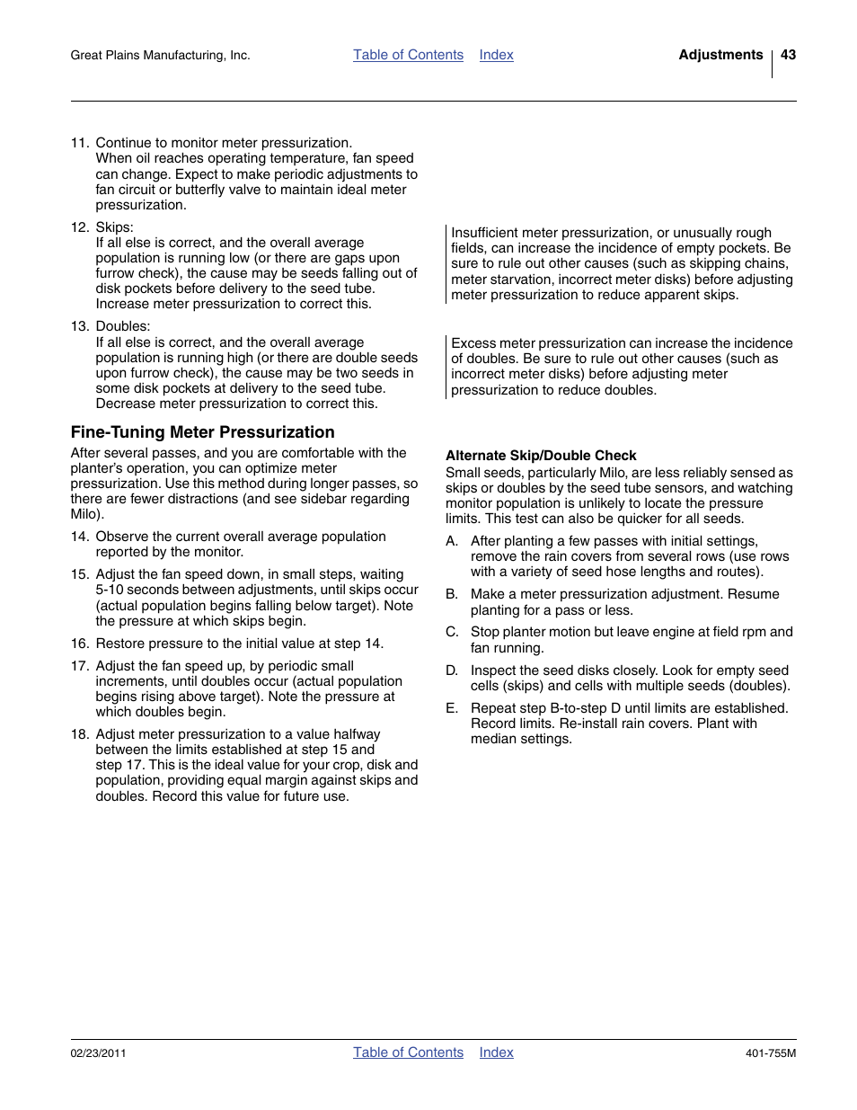 Fine-tuning meter pressurization, Alternate skip/double check, Use the “ alternate skip/double check ” belo | Great Plains YP925TD Operator Manual User Manual | Page 47 / 134