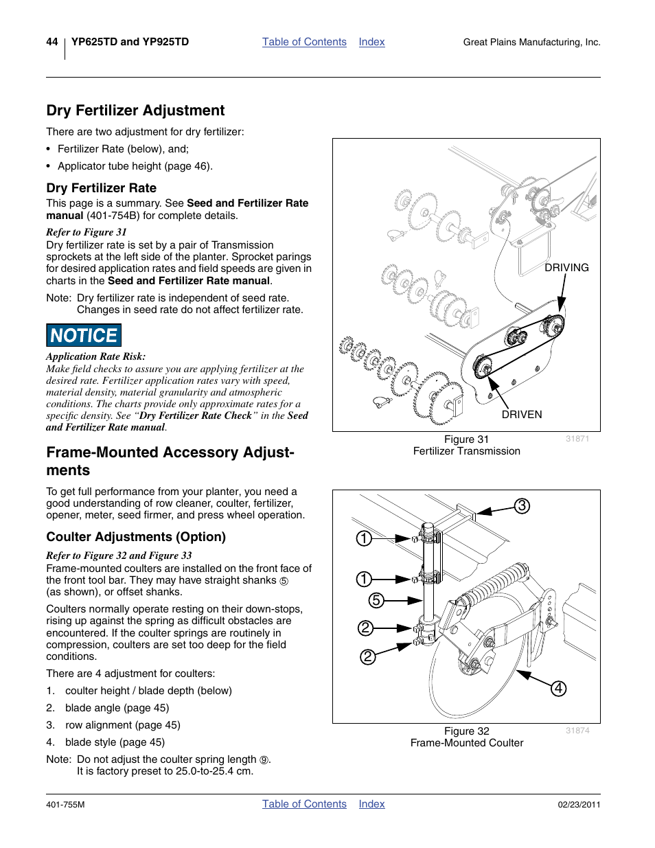 Dry fertilizer adjustment, Dry fertilizer rate, Frame-mounted accessory adjustments | Coulter adjustments (option), Frame-mounted accessory adjust- ments | Great Plains YP925TD Operator Manual User Manual | Page 48 / 134