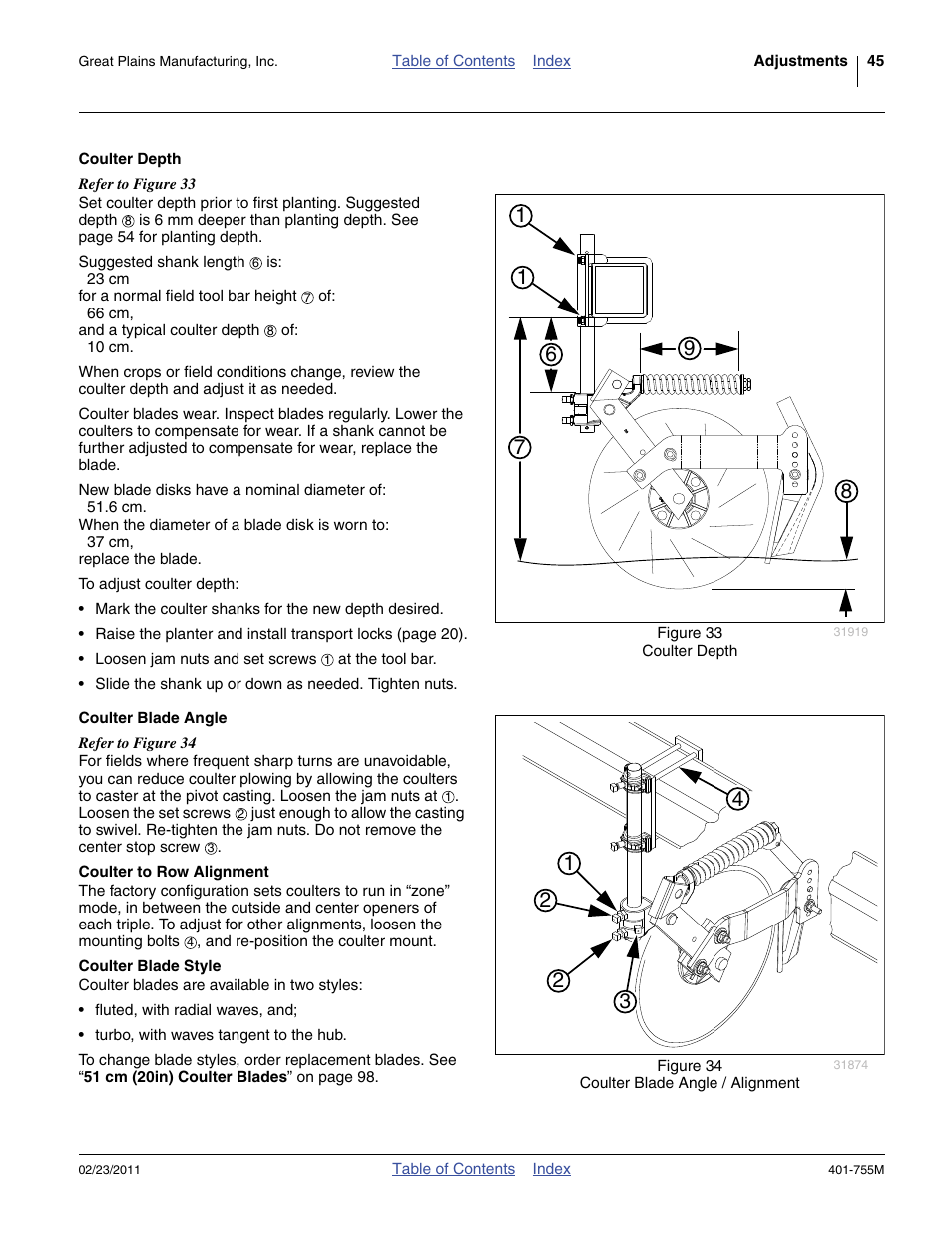 Coulter depth, Coulter blade angle, Coulter to row alignment | Coulter blade style | Great Plains YP925TD Operator Manual User Manual | Page 49 / 134