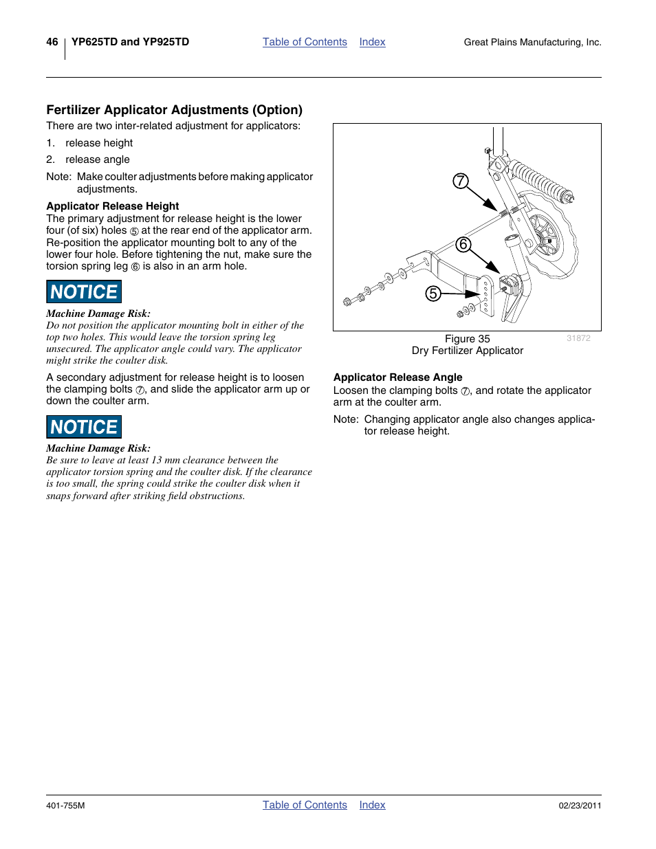 Fertilizer applicator adjustments (option), Applicator release height, Applicator release angle | Applicator release height applicator release angle | Great Plains YP925TD Operator Manual User Manual | Page 50 / 134