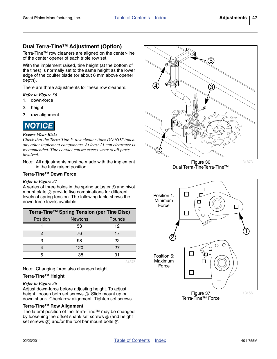 Dual terra-tine™ adjustment (option), Terra-tine™ down force, Terra-tine™ height | Terra-tine™ row alignment | Great Plains YP925TD Operator Manual User Manual | Page 51 / 134