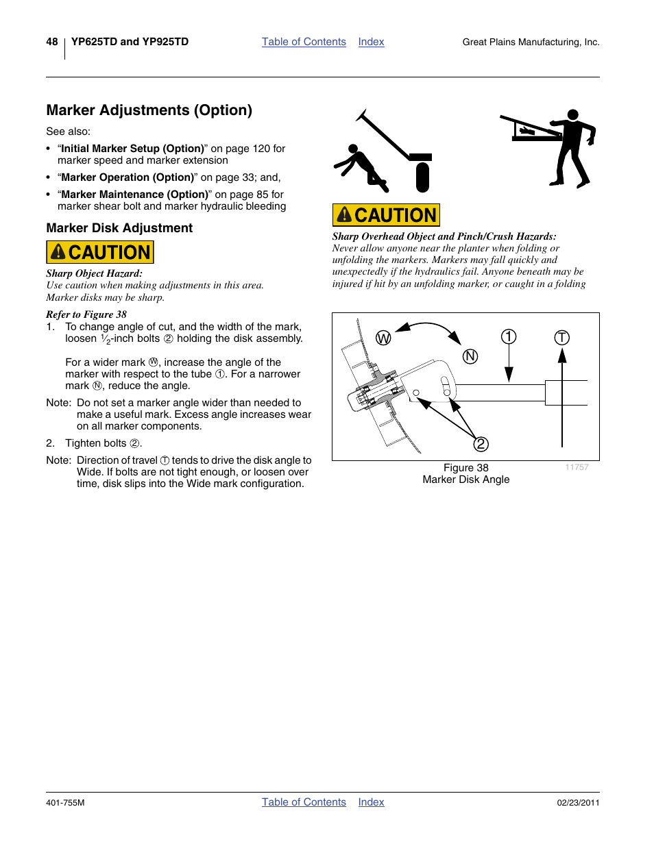 Marker adjustments (option), Marker disk adjustment | Great Plains YP925TD Operator Manual User Manual | Page 52 / 134