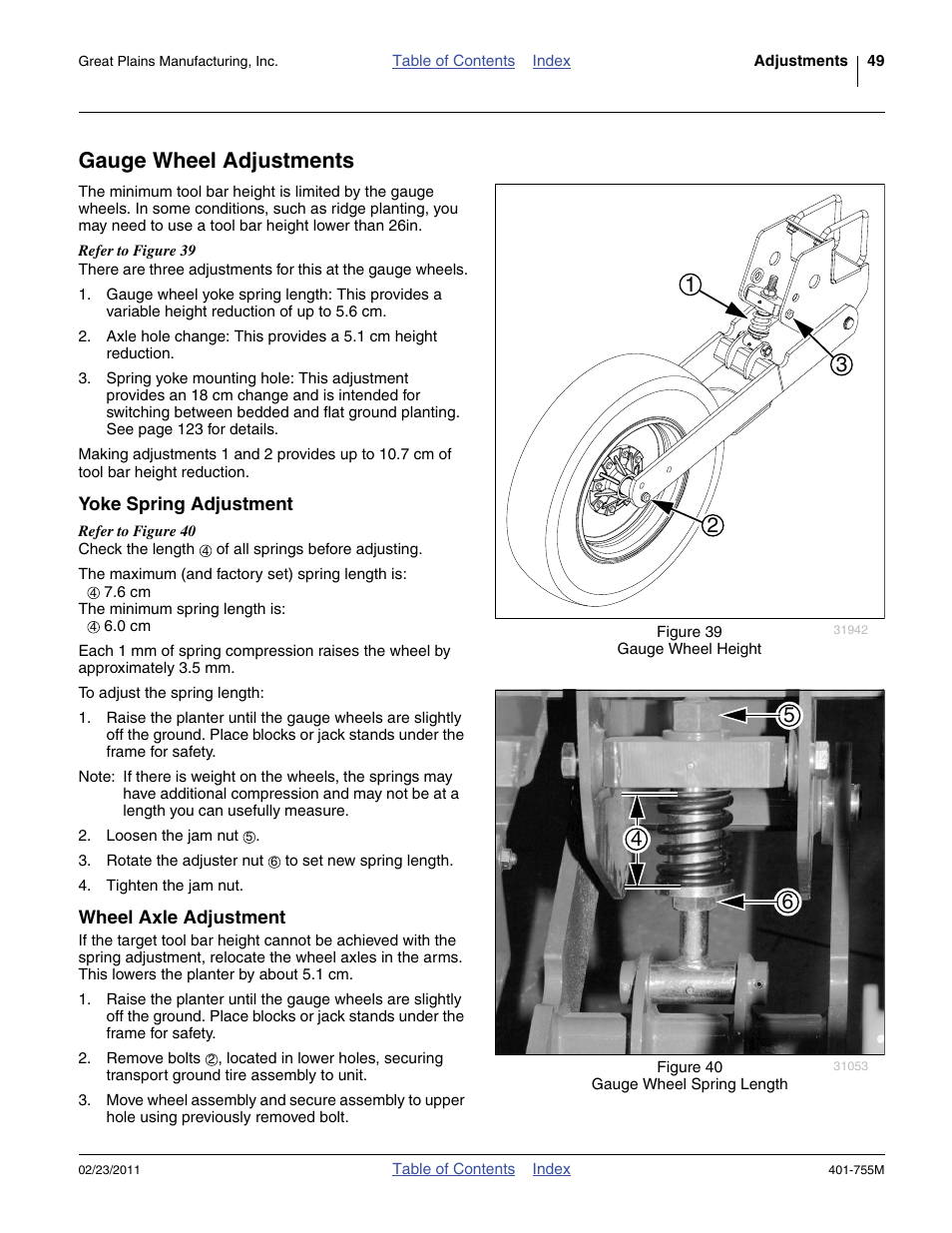 Gauge wheel adjustments, Yoke spring adjustment, Wheel axle adjustment | Yoke spring adjustment wheel axle adjustment | Great Plains YP925TD Operator Manual User Manual | Page 53 / 134