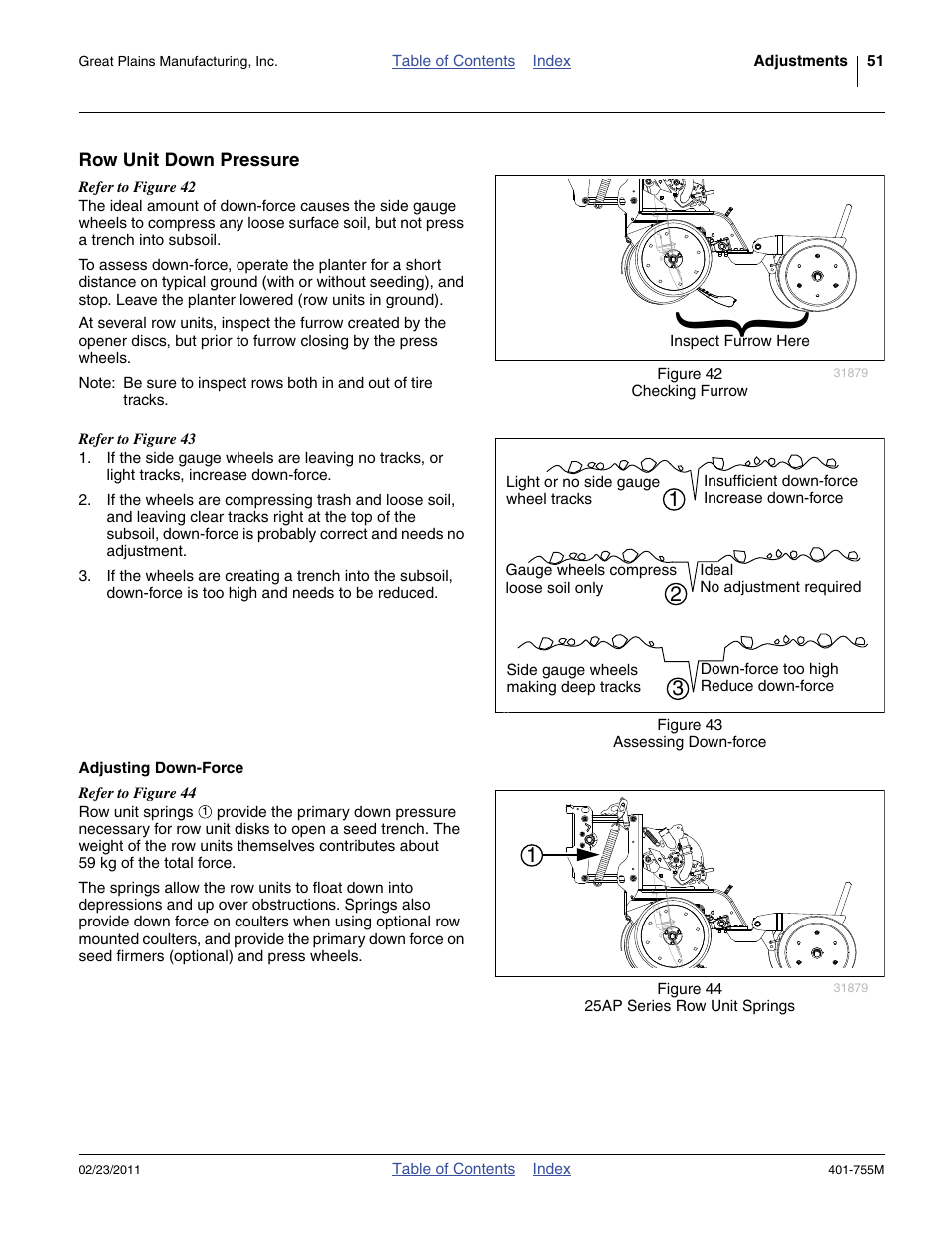 Row unit down pressure, Adjusting down-force | Great Plains YP925TD Operator Manual User Manual | Page 55 / 134