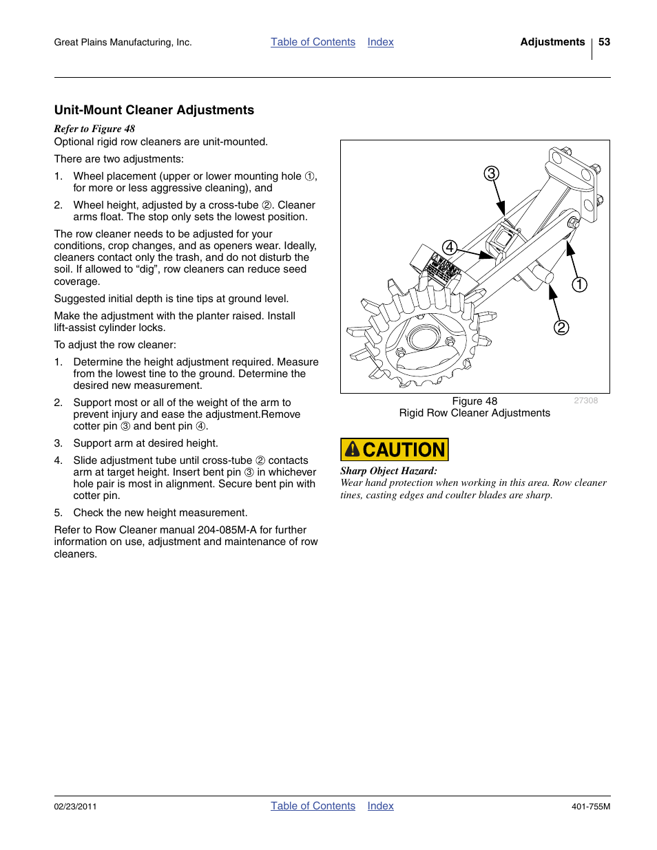 Unit-mount cleaner adjustments | Great Plains YP925TD Operator Manual User Manual | Page 57 / 134
