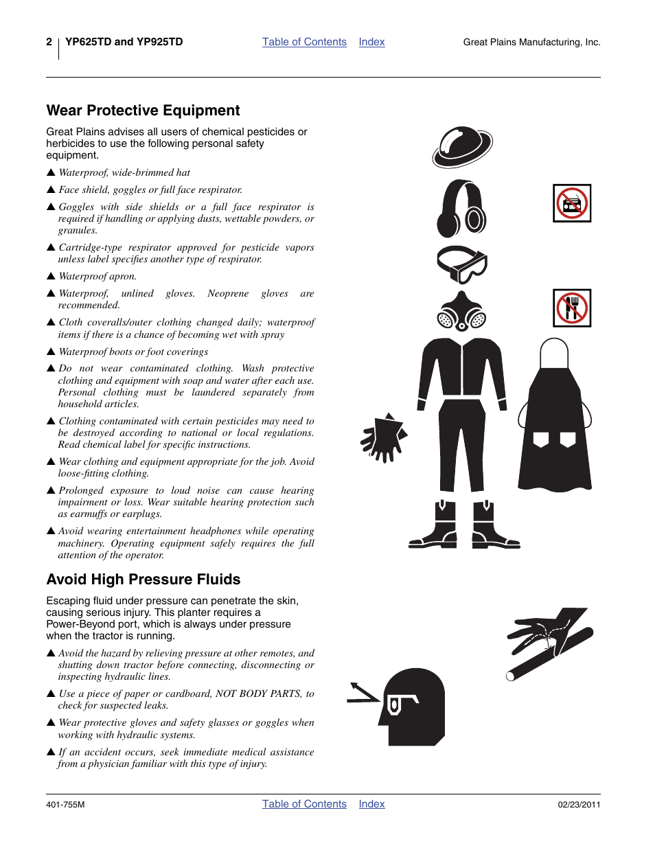 Wear protective equipment, Avoid high pressure fluids | Great Plains YP925TD Operator Manual User Manual | Page 6 / 134