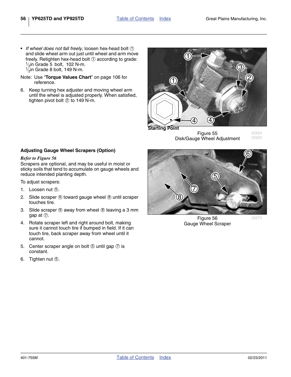 Adjusting gauge wheel scrapers (option), Refer to figure 55 | Great Plains YP925TD Operator Manual User Manual | Page 60 / 134