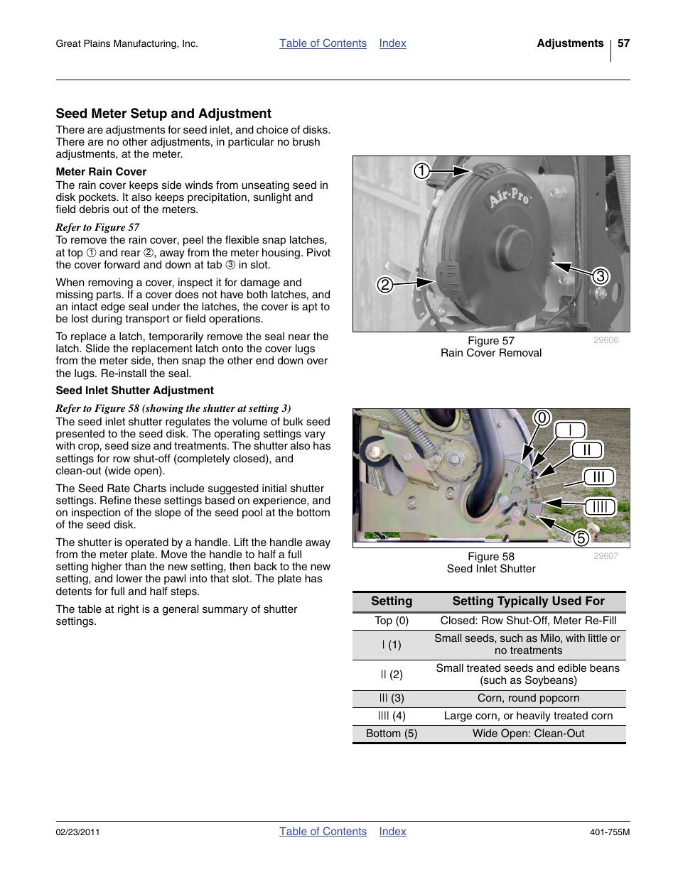 Seed meter setup and adjustment, Meter rain cover, Seed inlet shutter adjustment | Meter rain cover seed inlet shutter adjustment, 05 | ii iii | Great Plains YP925TD Operator Manual User Manual | Page 61 / 134
