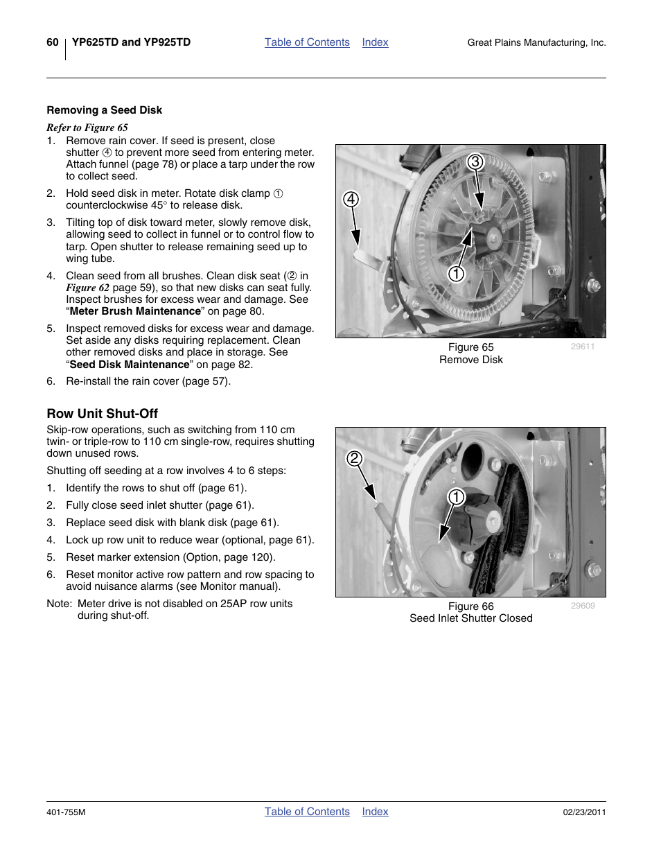 Removing a seed disk, Row unit shut-off | Great Plains YP925TD Operator Manual User Manual | Page 64 / 134