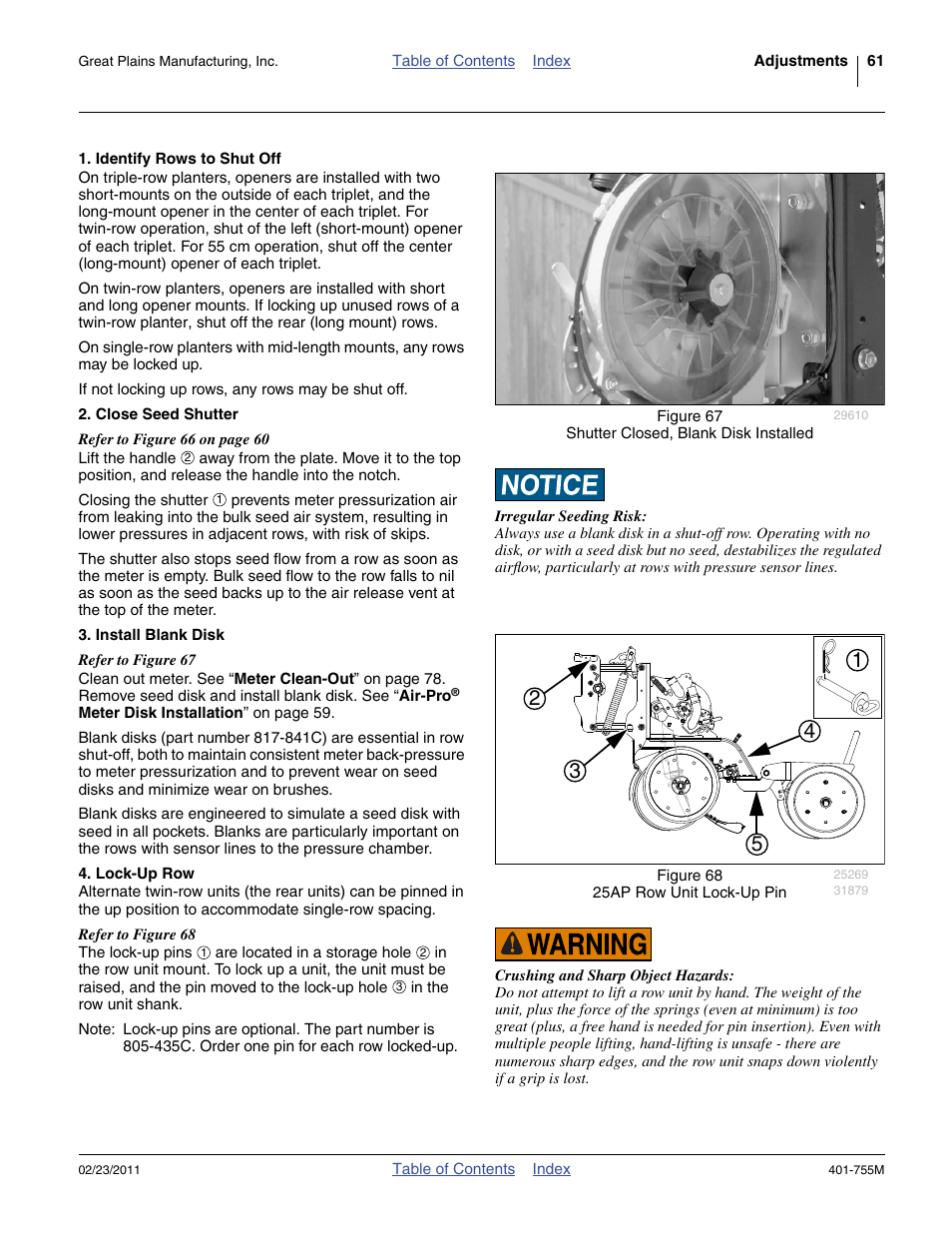 Identify rows to shut off, Close seed shutter, Install blank disk | Lock-up row | Great Plains YP925TD Operator Manual User Manual | Page 65 / 134