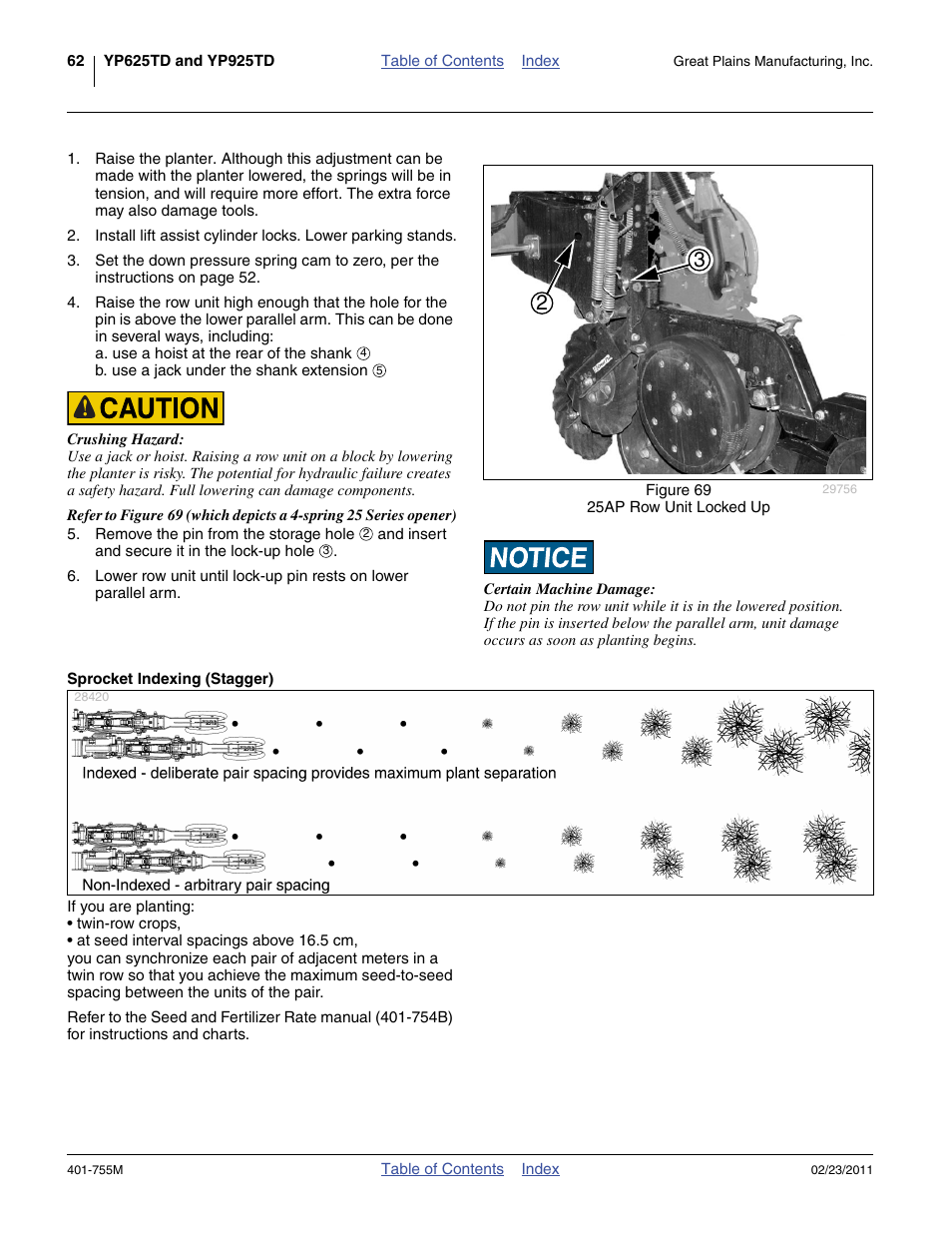 Sprocket indexing (stagger) | Great Plains YP925TD Operator Manual User Manual | Page 66 / 134