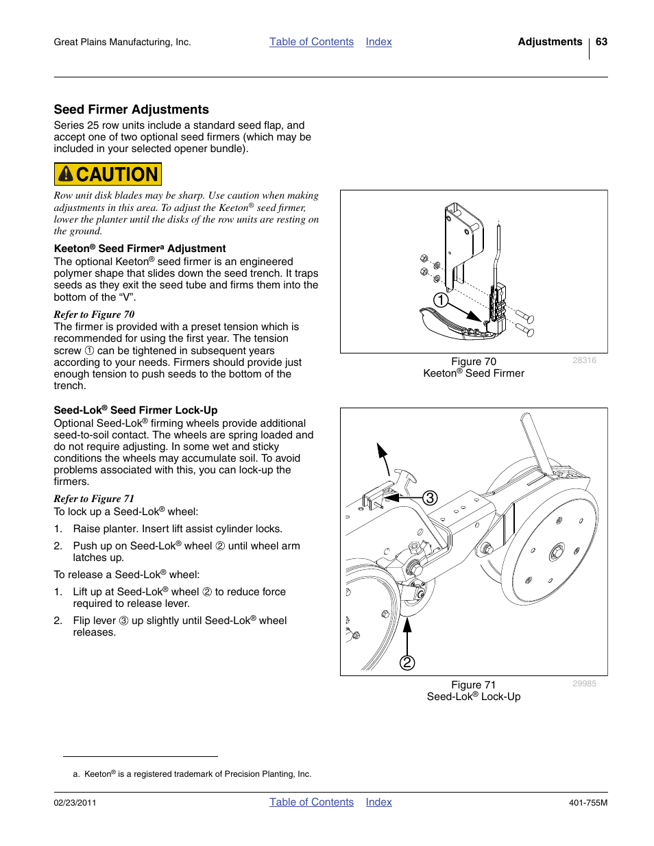 Seed firmer adjustments, Keeton® seed firmer adjustment, Seed-lok® seed firmer lock-up | Keeton, Seed-lok | Great Plains YP925TD Operator Manual User Manual | Page 67 / 134