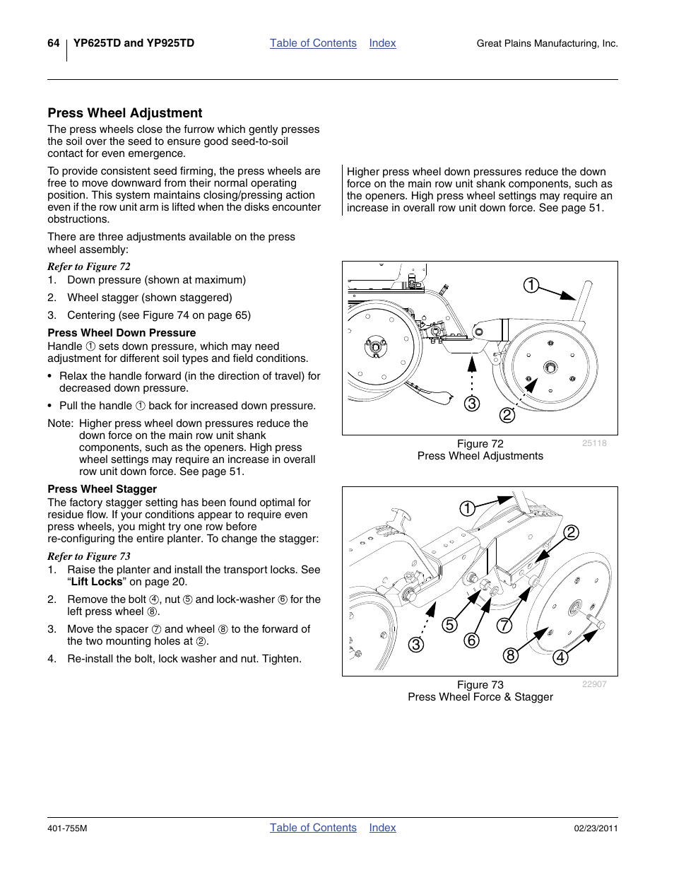 Press wheel adjustment, Press wheel down pressure, Press wheel stagger | Press wheel down pressure press wheel stagger | Great Plains YP925TD Operator Manual User Manual | Page 68 / 134