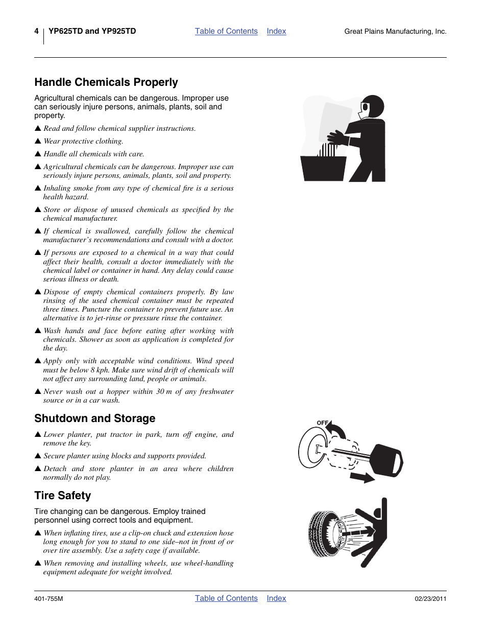Handle chemicals properly, Shutdown and storage, Tire safety | Great Plains YP925TD Operator Manual User Manual | Page 8 / 134