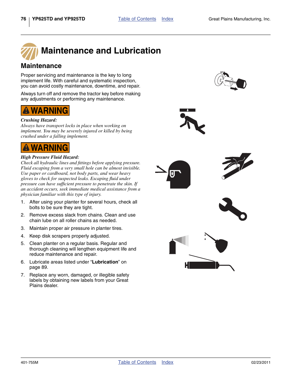 Maintenance and lubrication, Maintenance, Maintenance and lubrication maintenance | Great Plains YP925TD Operator Manual User Manual | Page 80 / 134