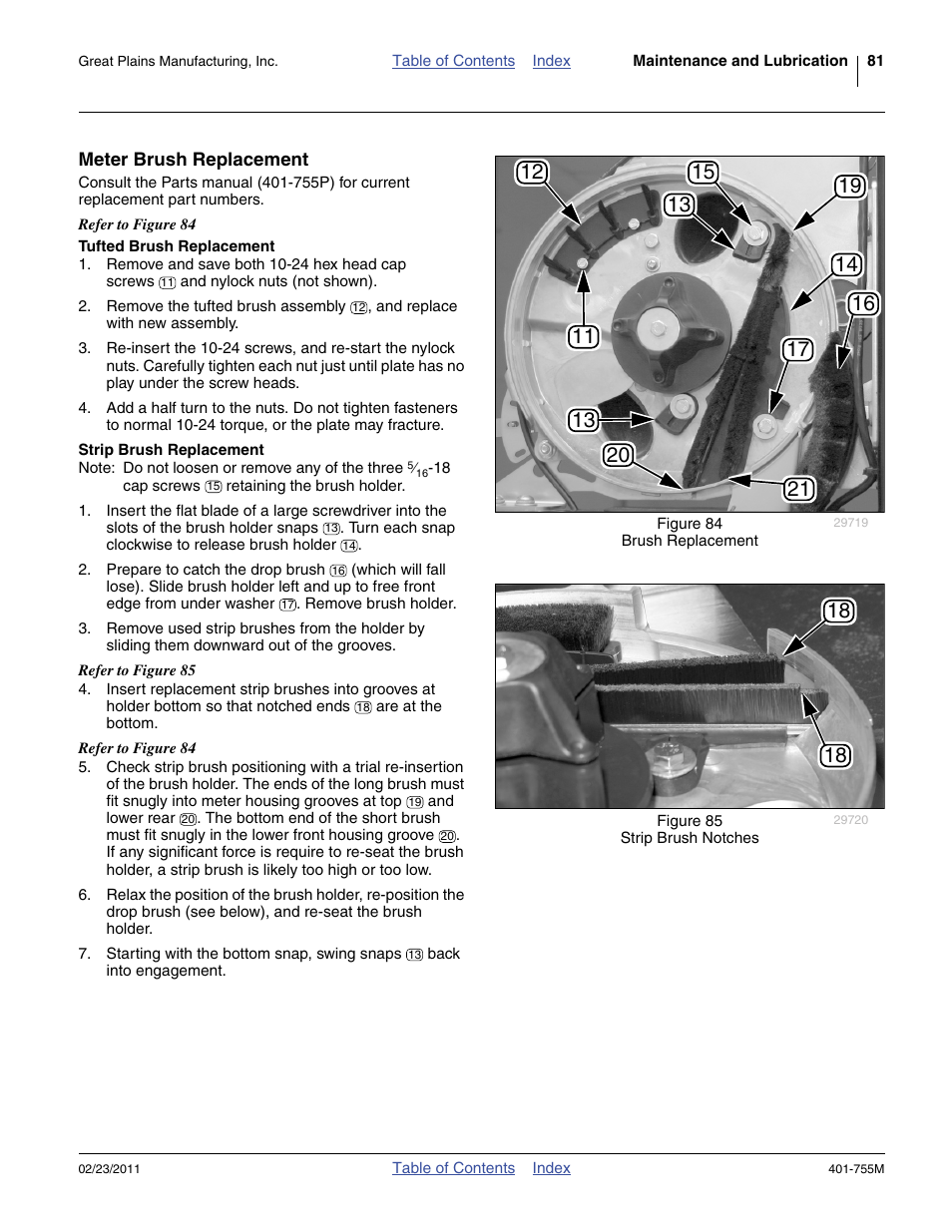 Meter brush replacement, Tufted brush replacement, Strip brush replacement | Great Plains YP925TD Operator Manual User Manual | Page 85 / 134