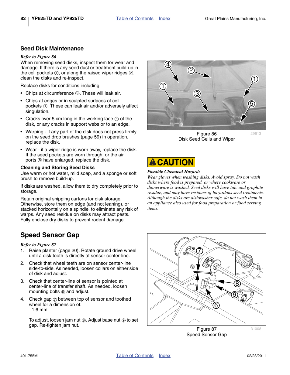 Seed disk maintenance, Cleaning and storing seed disks, Speed sensor gap | Great Plains YP925TD Operator Manual User Manual | Page 86 / 134