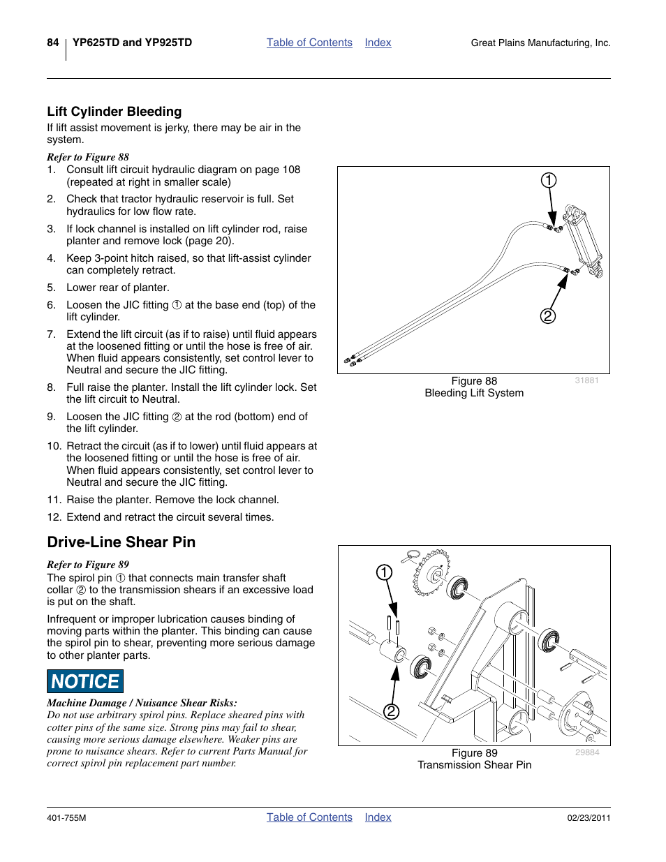 Lift cylinder bleeding, Drive-line shear pin | Great Plains YP925TD Operator Manual User Manual | Page 88 / 134