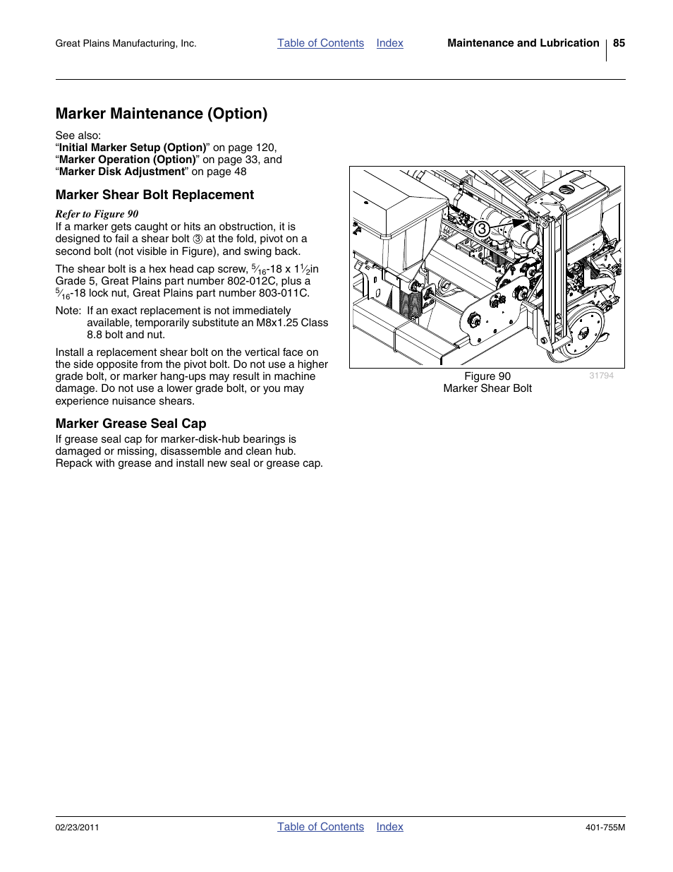 Marker maintenance (option), Marker shear bolt replacement, Marker grease seal cap | Led. see “ marker | Great Plains YP925TD Operator Manual User Manual | Page 89 / 134