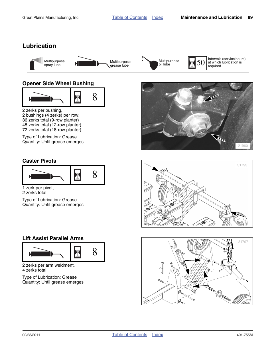Lubrication, Opener side wheel bushing, Caster pivots | Lift assist parallel arms, Icate planter as indicated under “ lubrication | Great Plains YP925TD Operator Manual User Manual | Page 93 / 134