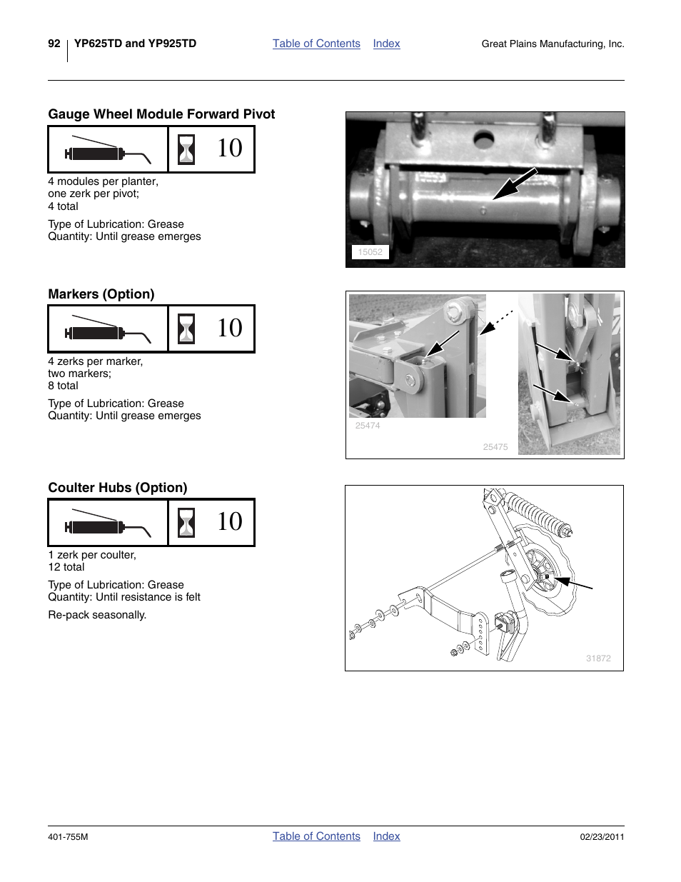 Gauge wheel module forward pivot, Markers (option), Coulter hubs (option) | Great Plains YP925TD Operator Manual User Manual | Page 96 / 134
