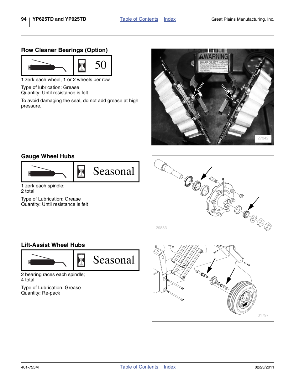 Row cleaner bearings (option), Gauge wheel hubs, Lift-assist wheel hubs | Seasonal | Great Plains YP925TD Operator Manual User Manual | Page 98 / 134