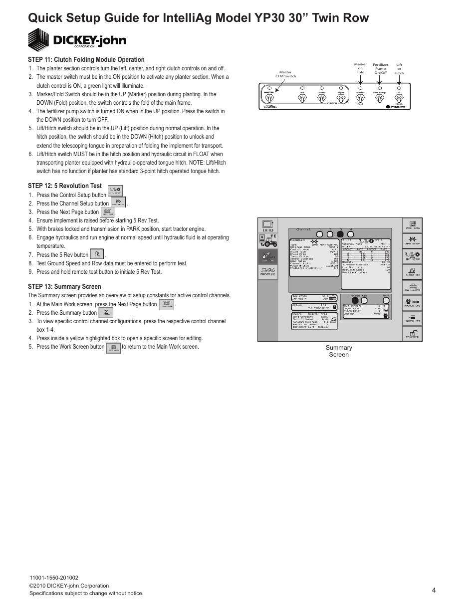Step 12: 5 revolution test, 4step 13: summary screen, Step 11: clutch folding module operation | Great Plains YP3025-24TR 25 Series 24 Twin Row 30 Inch Quick Start User Manual | Page 4 / 5