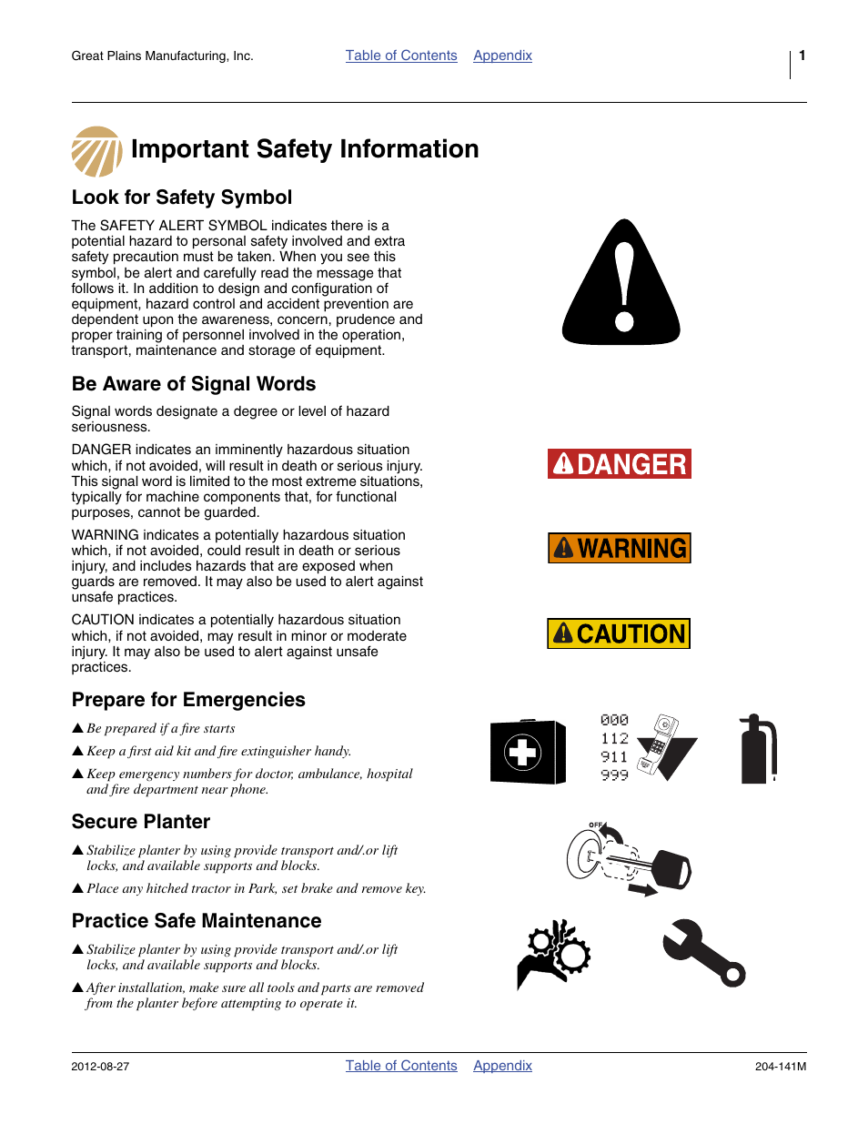 Important safety information, Look for safety symbol, Be aware of signal words | Prepare for emergencies, Secure planter, Practice safe maintenance | Great Plains YP Unit-Mount Coulter User Manual | Page 3 / 16