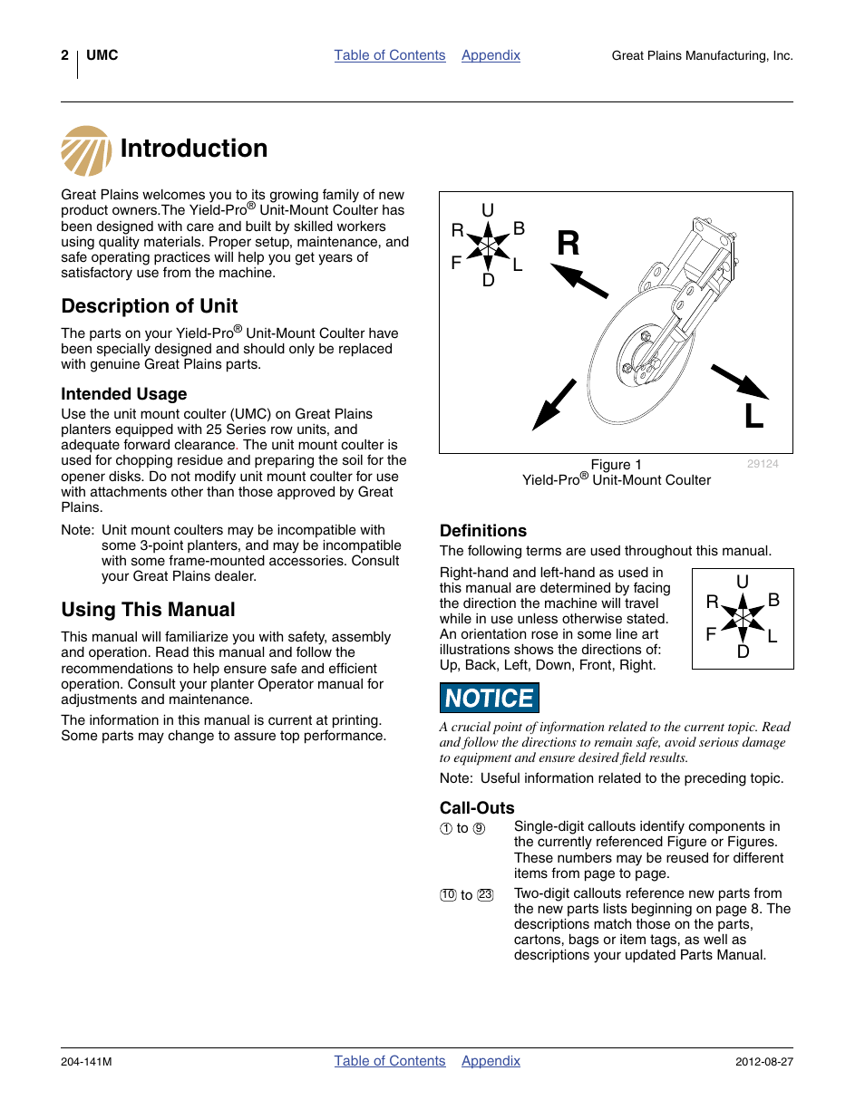 Introduction, Description of unit, Intended usage | Using this manual, Definitions, Call-outs, Introduction description of unit, Definitions call-outs | Great Plains YP Unit-Mount Coulter User Manual | Page 4 / 16